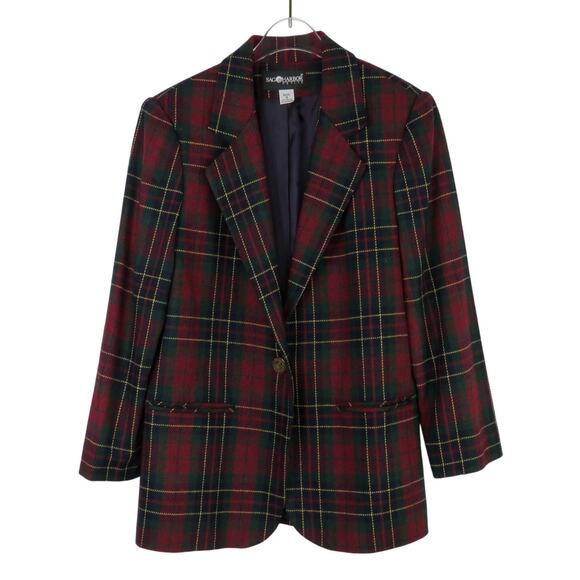 1990s Vintage Sag Harbor Red & Green Plaid Blazer Jacket Size 4 Petite Small - Picture 1 of 7